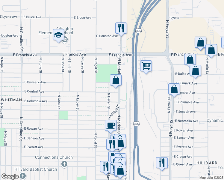 map of restaurants, bars, coffee shops, grocery stores, and more near 5921 North Market Street in Spokane