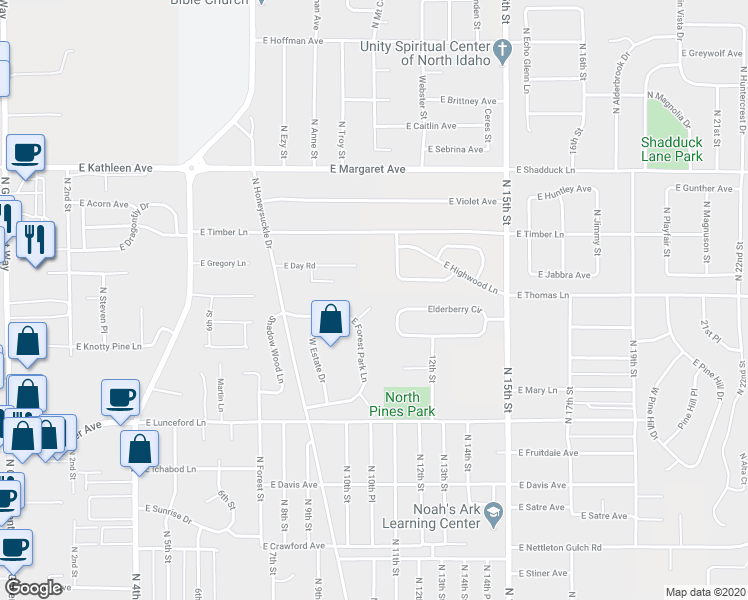 map of restaurants, bars, coffee shops, grocery stores, and more near 1155 East Oak Court in Coeur d'Alene