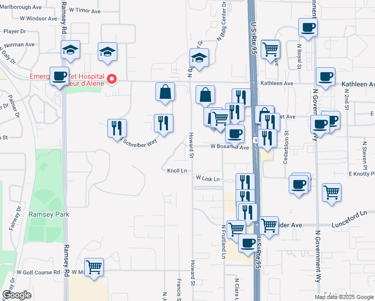 map of restaurants, bars, coffee shops, grocery stores, and more near 3632 Dalvern Way in Coeur d'Alene