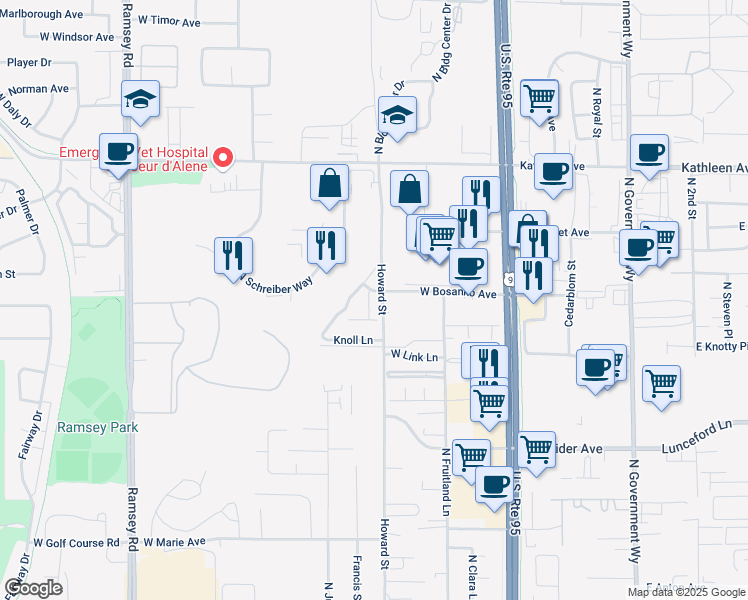 map of restaurants, bars, coffee shops, grocery stores, and more near 3632 Dalvern Way in Coeur d'Alene