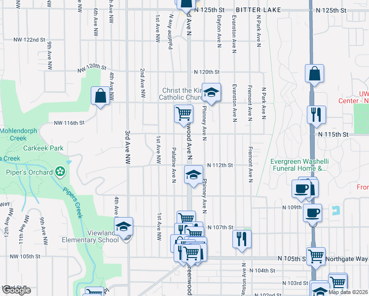 map of restaurants, bars, coffee shops, grocery stores, and more near 11229 Greenwood Avenue North in Seattle