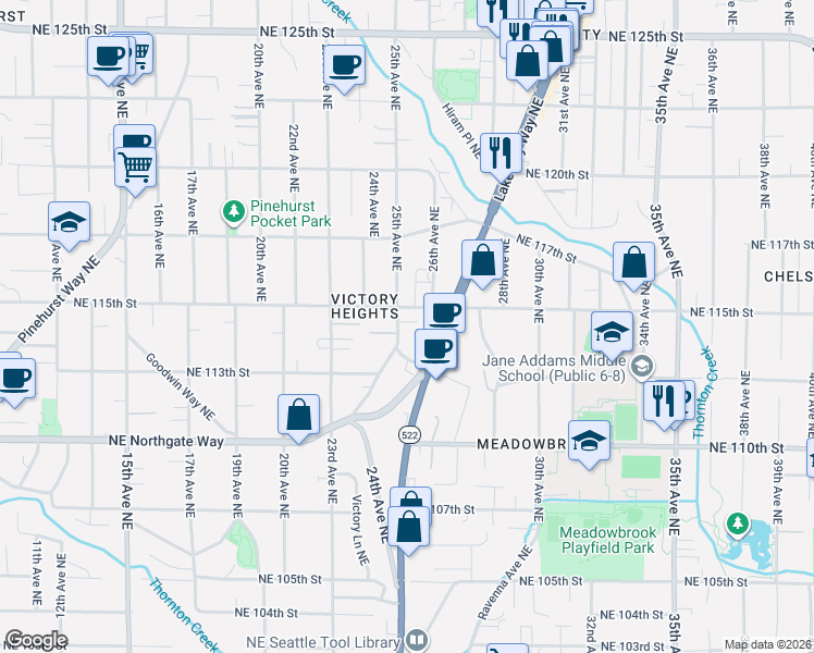 map of restaurants, bars, coffee shops, grocery stores, and more near 2519 Northeast 115th Street in Seattle