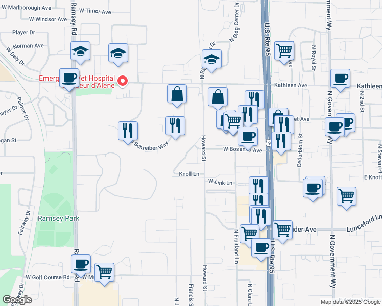 map of restaurants, bars, coffee shops, grocery stores, and more near 4418 Meadow Ranch Avenue in Coeur d'Alene