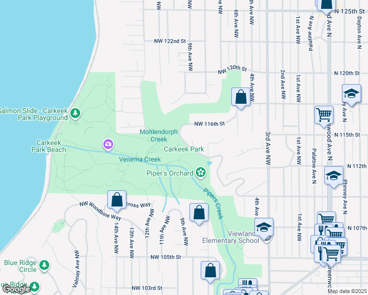 map of restaurants, bars, coffee shops, grocery stores, and more near 950 Northwest Carkeek Park Road in Seattle