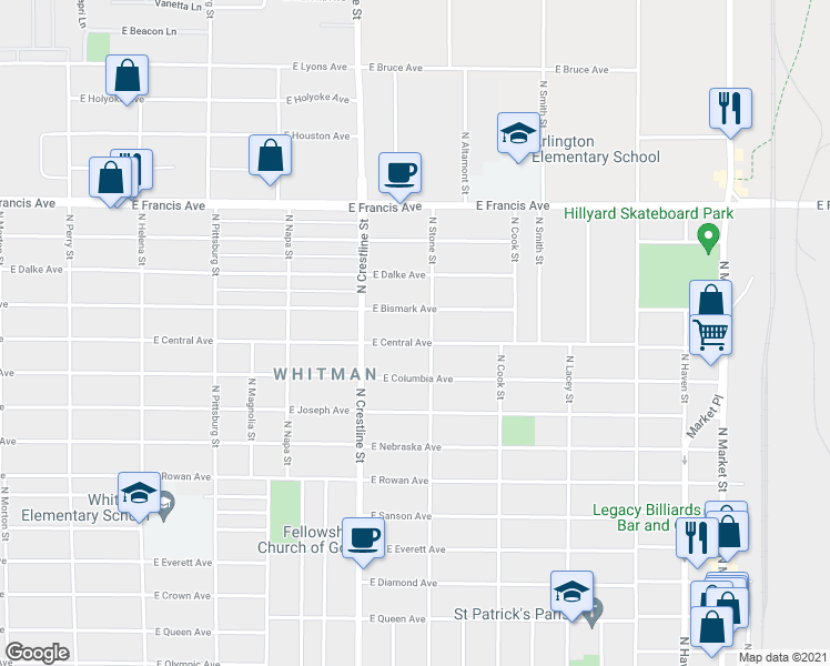 map of restaurants, bars, coffee shops, grocery stores, and more near 2224 East Bismark Avenue in Spokane