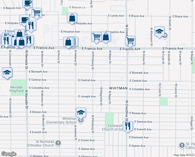 map of restaurants, bars, coffee shops, grocery stores, and more near 1708 East Bismark Avenue in Spokane