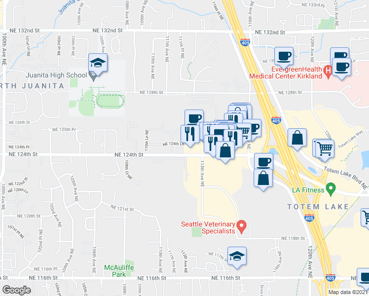 map of restaurants, bars, coffee shops, grocery stores, and more near 11224 Northeast 124th Street in Kirkland