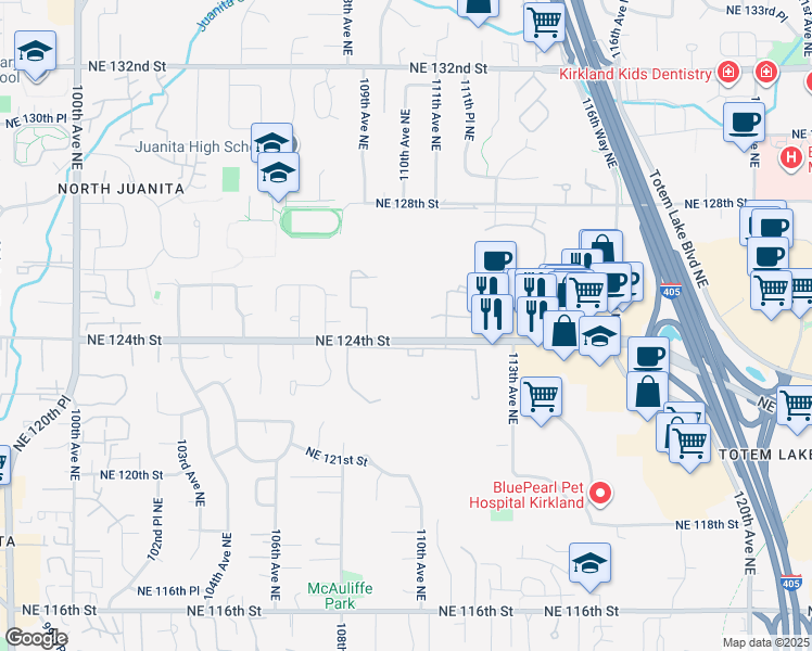 map of restaurants, bars, coffee shops, grocery stores, and more near 11010 Northeast 124th Lane in Kirkland