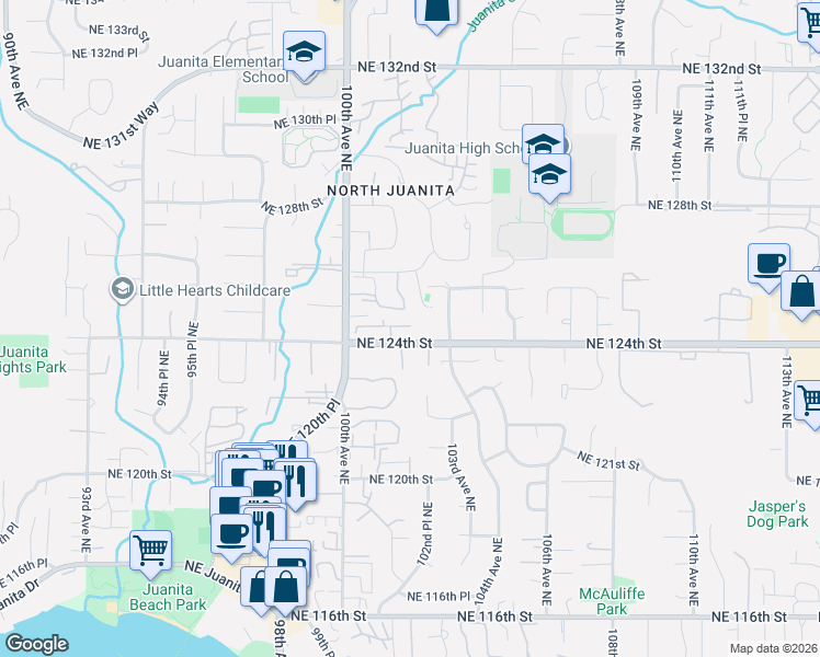map of restaurants, bars, coffee shops, grocery stores, and more near 10204 Northeast 124th Street in Kirkland