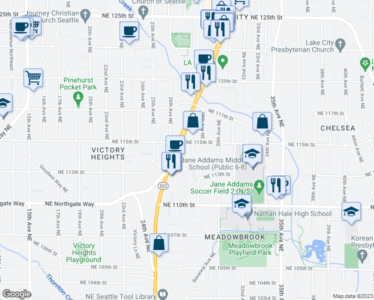 map of restaurants, bars, coffee shops, grocery stores, and more near 11346 Lake City Way Northeast in Seattle