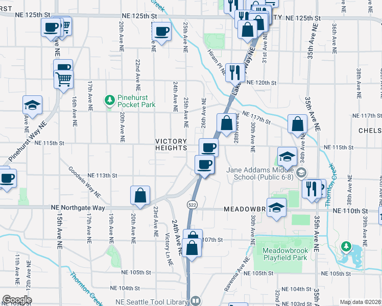 map of restaurants, bars, coffee shops, grocery stores, and more near 2519 Northeast 115th Street in Seattle