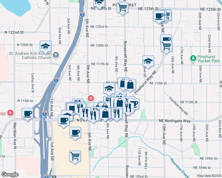 map of restaurants, bars, coffee shops, grocery stores, and more near 805 Northeast 115th Street in Seattle