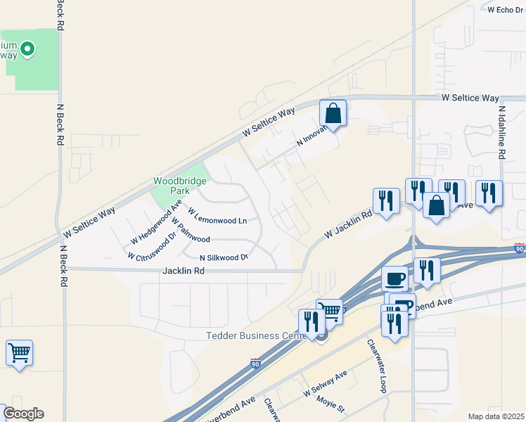 map of restaurants, bars, coffee shops, grocery stores, and more near 415 North Silkwood Drive in Post Falls