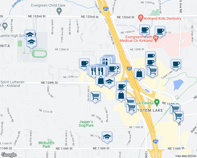 map of restaurants, bars, coffee shops, grocery stores, and more near 11404 Northeast 124th Street in Kirkland