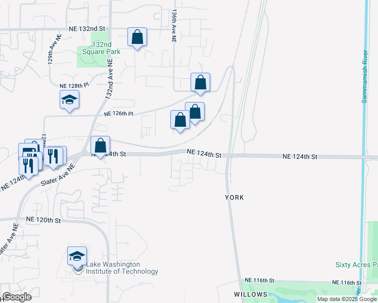 map of restaurants, bars, coffee shops, grocery stores, and more near 13571 Northeast 124th Street in Redmond