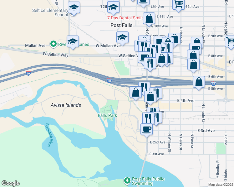 map of restaurants, bars, coffee shops, grocery stores, and more near 304 West 4th Avenue in Post Falls