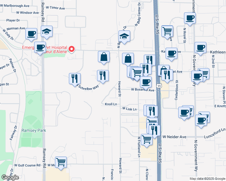 map of restaurants, bars, coffee shops, grocery stores, and more near 4424 Meadowranch Avenue in Coeur d'Alene