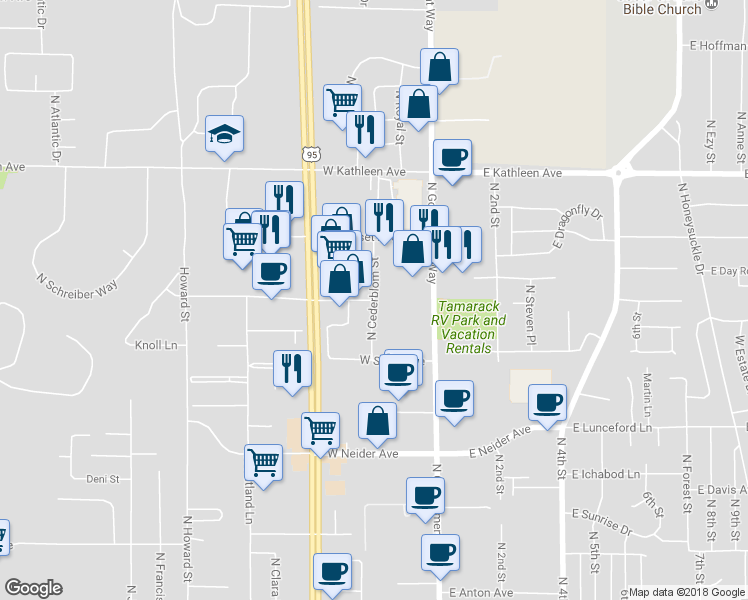 map of restaurants, bars, coffee shops, grocery stores, and more near Cedarblom Street in Coeur d'Alene