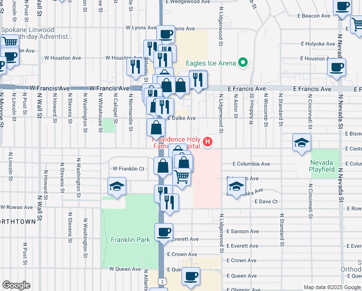 map of restaurants, bars, coffee shops, grocery stores, and more near 31 East Central Avenue in Spokane
