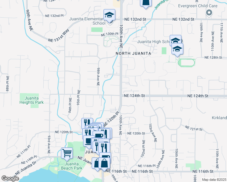 map of restaurants, bars, coffee shops, grocery stores, and more near 9904 Northeast 124th Street in Kirkland