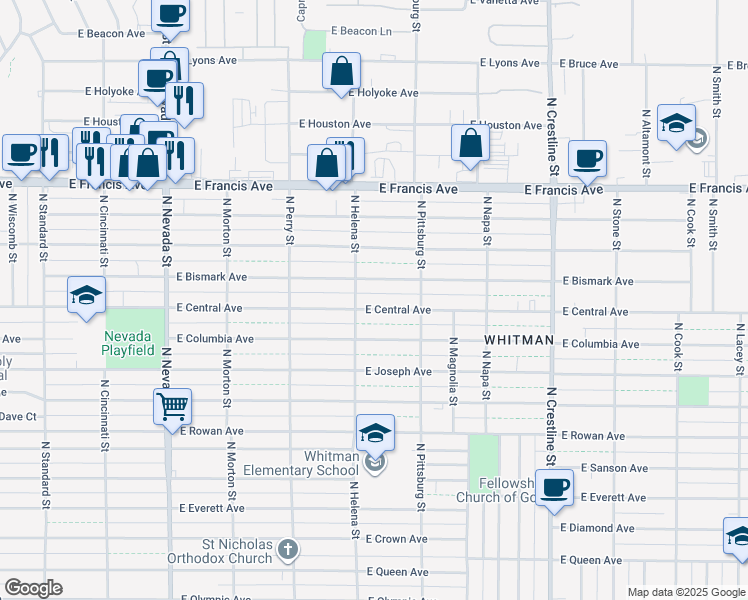 map of restaurants, bars, coffee shops, grocery stores, and more near 1604 East Bismark Avenue in Spokane