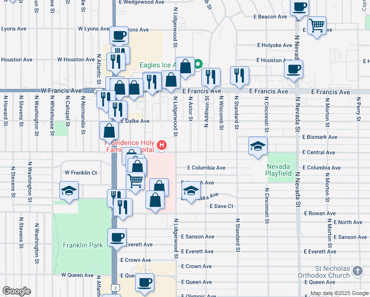 map of restaurants, bars, coffee shops, grocery stores, and more near 5915 North Astor Street in Spokane