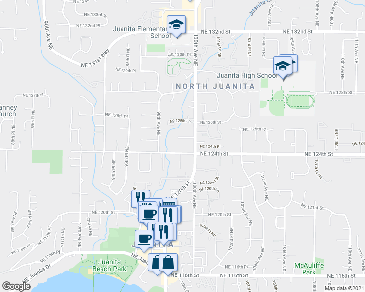 map of restaurants, bars, coffee shops, grocery stores, and more near 9900 Northeast 124th Street in Kirkland
