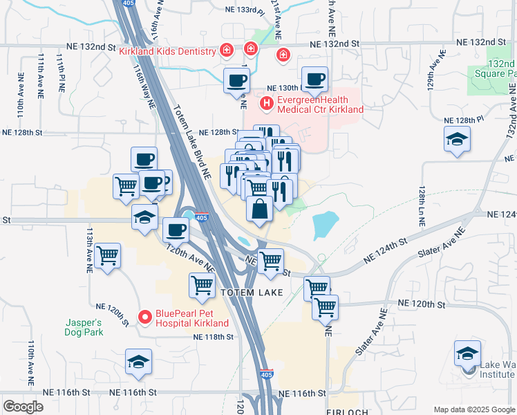 map of restaurants, bars, coffee shops, grocery stores, and more near 12530 Totem Lake Boulevard Northeast in Kirkland