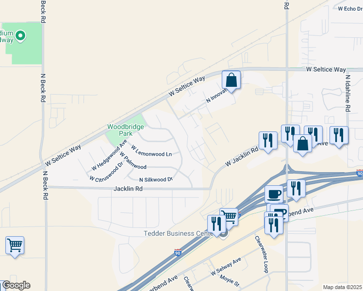 map of restaurants, bars, coffee shops, grocery stores, and more near 435 North Silkwood Drive in Post Falls