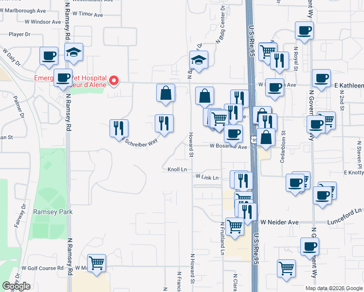 map of restaurants, bars, coffee shops, grocery stores, and more near 3739 Howard Street in Coeur d'Alene
