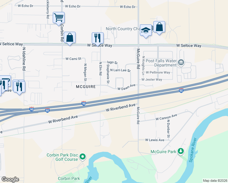 map of restaurants, bars, coffee shops, grocery stores, and more near 2634 West Dawn Avenue in Post Falls