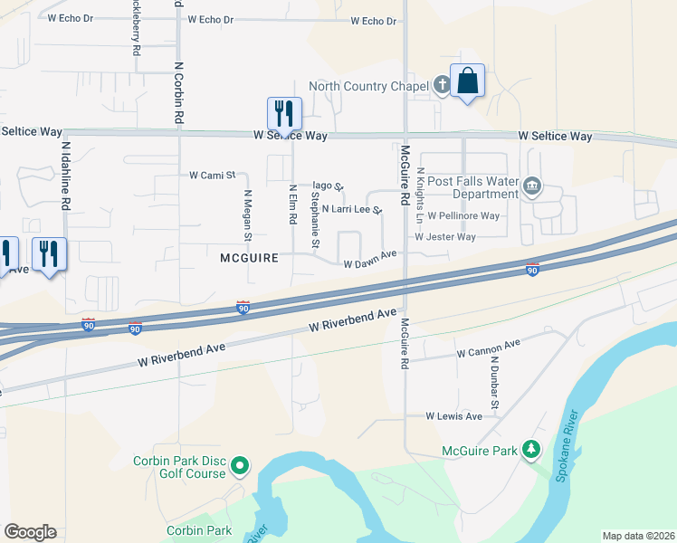 map of restaurants, bars, coffee shops, grocery stores, and more near 2634 West Dawn Avenue in Post Falls