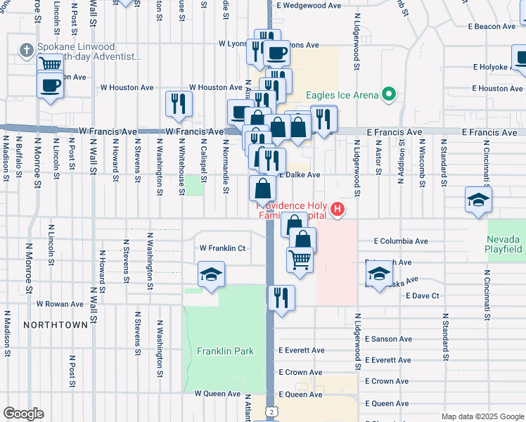 map of restaurants, bars, coffee shops, grocery stores, and more near 5924 North Division Street in Spokane