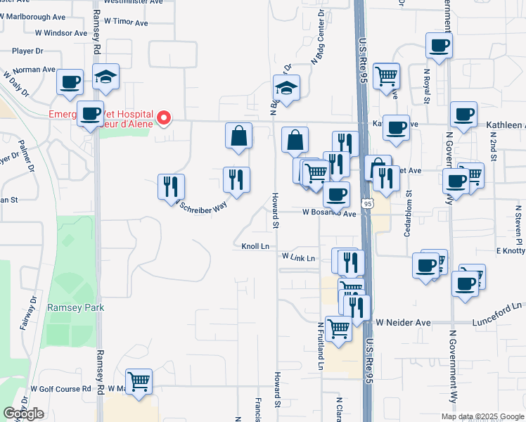 map of restaurants, bars, coffee shops, grocery stores, and more near 3739 Howard Street in Coeur d'Alene