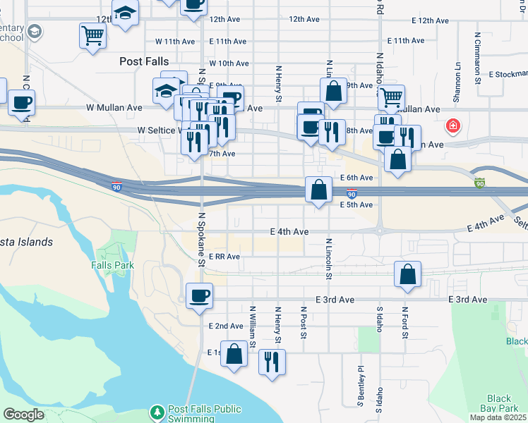 map of restaurants, bars, coffee shops, grocery stores, and more near 310 East 5th Avenue in Post Falls