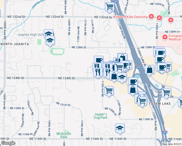 map of restaurants, bars, coffee shops, grocery stores, and more near 12429 111th Lane Northeast in Kirkland