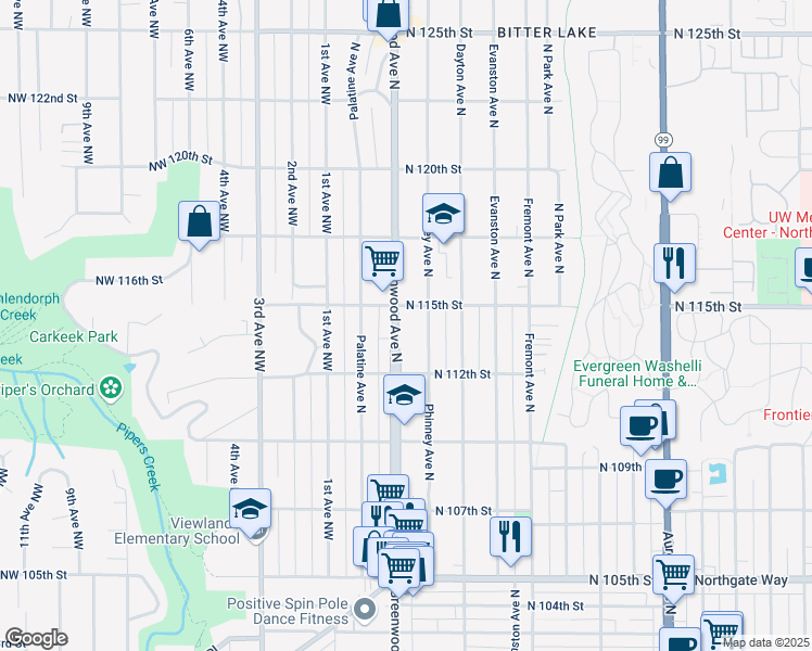 map of restaurants, bars, coffee shops, grocery stores, and more near 11250 Greenwood Avenue North in Seattle