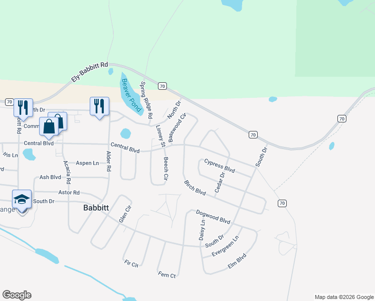 map of restaurants, bars, coffee shops, grocery stores, and more near 64 Birch Boulevard in Babbitt
