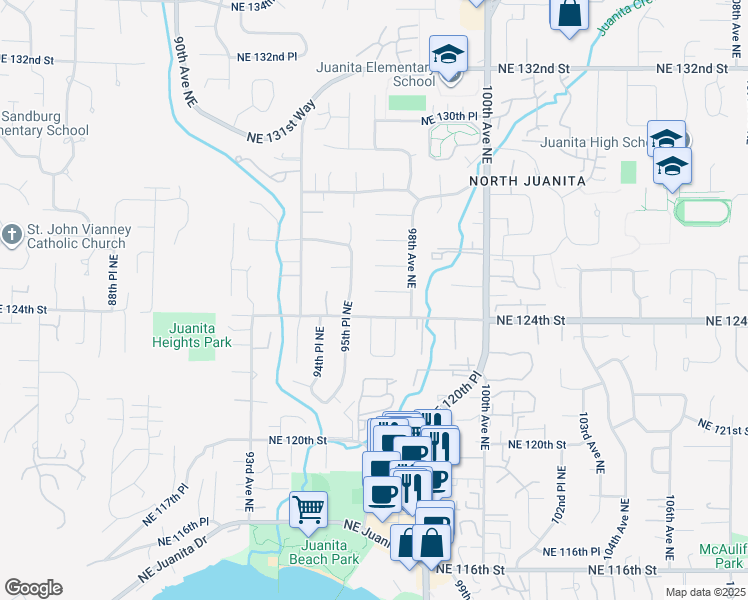 map of restaurants, bars, coffee shops, grocery stores, and more near 9755 Northeast 124th Place in Kirkland