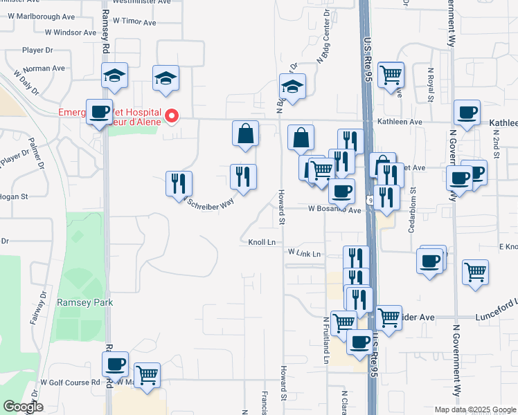 map of restaurants, bars, coffee shops, grocery stores, and more near 4421 Meadow Ranch Avenue in Coeur d'Alene