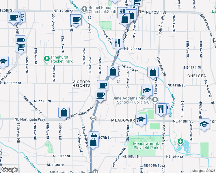 map of restaurants, bars, coffee shops, grocery stores, and more near 11346 Lake City Way Northeast in Seattle