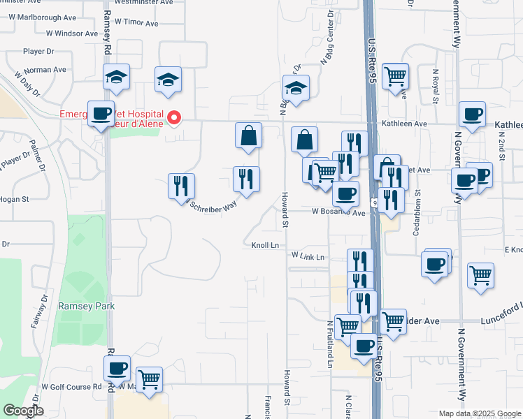 map of restaurants, bars, coffee shops, grocery stores, and more near 4421 Meadow Ranch Avenue in Coeur d'Alene