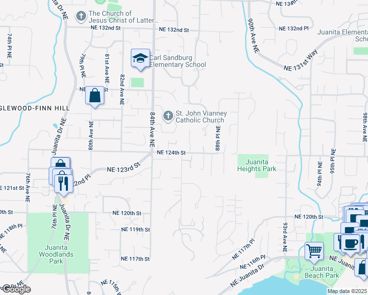 map of restaurants, bars, coffee shops, grocery stores, and more near 8604 Northeast 124th Street in Kirkland