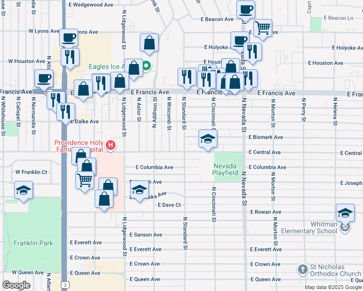 map of restaurants, bars, coffee shops, grocery stores, and more near 5909 North Standard Street in Spokane