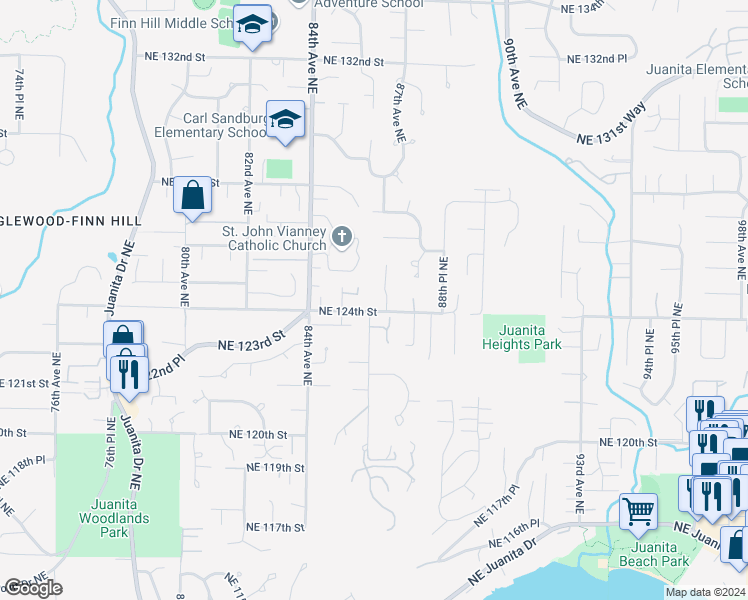 map of restaurants, bars, coffee shops, grocery stores, and more near 8604 Northeast 124th Street in Kirkland