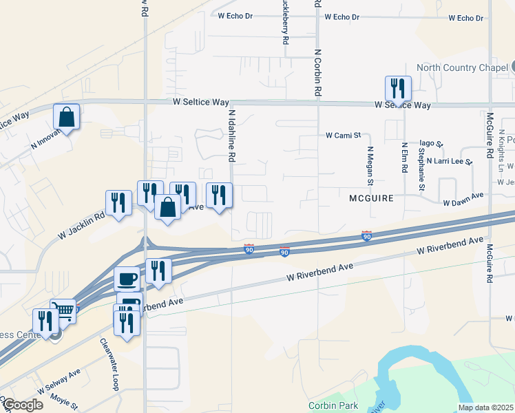 map of restaurants, bars, coffee shops, grocery stores, and more near 3484 West Vela Place in Post Falls