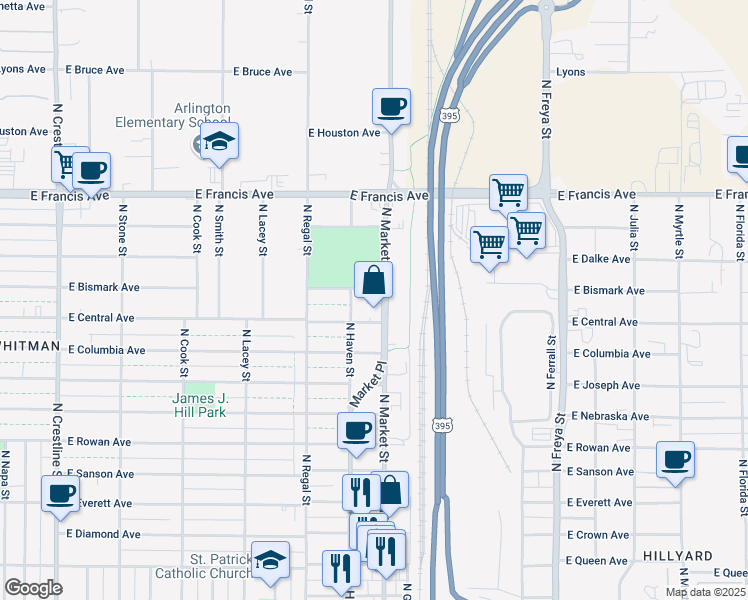 map of restaurants, bars, coffee shops, grocery stores, and more near 5921 North Market Street in Spokane
