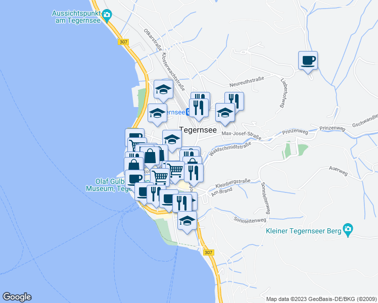 map of restaurants, bars, coffee shops, grocery stores, and more near 29 Bahnhofstraße in Tegernsee