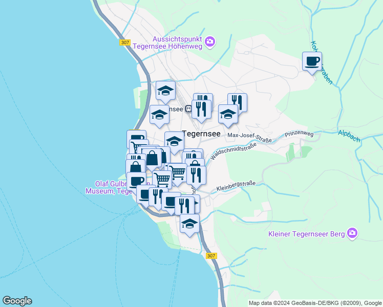map of restaurants, bars, coffee shops, grocery stores, and more near 29 Bahnhofstraße in Tegernsee
