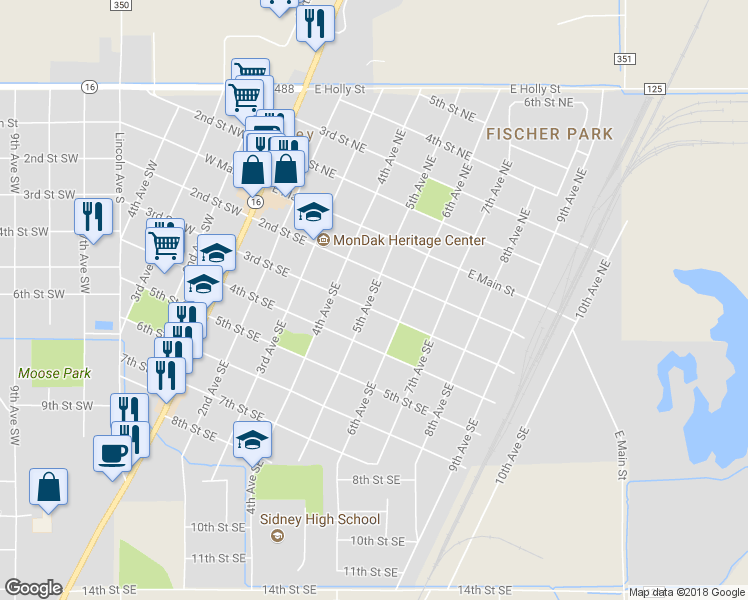 map of restaurants, bars, coffee shops, grocery stores, and more near 220 5th Avenue Southeast in Sidney